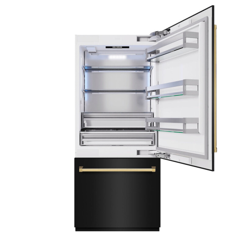 Autograph Edition 36 In. 19.8 Cu. Ft. Built-in Bottom Freezer Refrigerator With Water Dispenser And Ice Maker In Black Stainless Steel And Polished Gold Accents RBITZBS36G