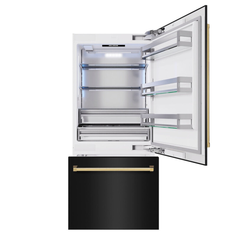Autograph Edition 36 In. 19.8 Cu. Ft. Built-in Bottom Freezer Refrigerator With Water Dispenser And Ice Maker In Black Stainless Steel And Polished Gold Accents RBITZBS36G