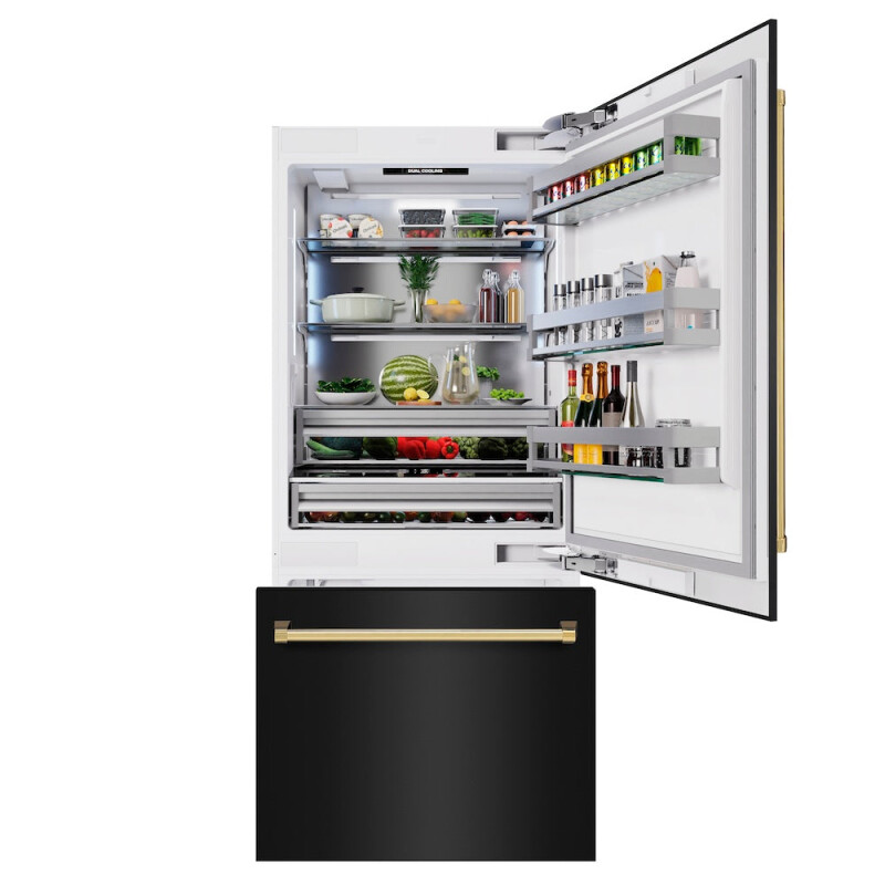 Autograph Edition 36 In. 19.8 Cu. Ft. Built-in Bottom Freezer Refrigerator With Water Dispenser And Ice Maker In Black Stainless Steel And Polished Gold Accents RBITZBS36G