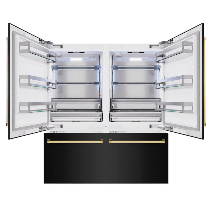 Autograph Edition 72 In. 39.6 Cu. Ft. French Door Built-in Bottom Freezer Refrigerator With Water Dispensers And Ice Makers In Black Stainless Steel And Polished Gold Accents RBITZBS72G