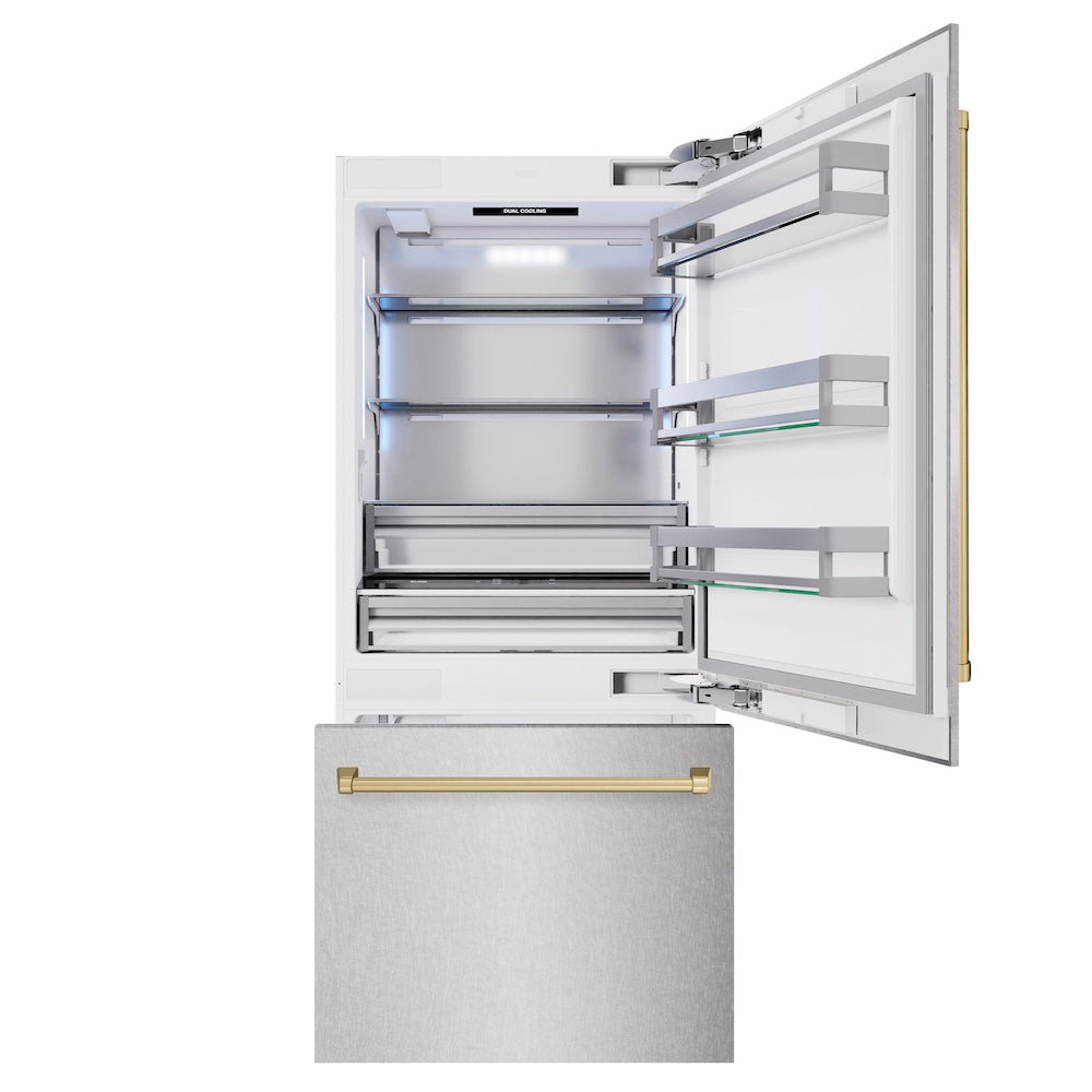 Autograph Edition 36 In. 19.8 Cu. Ft. Built-in Bottom Freezer Refrigerator With Water Dispenser And Ice Maker In Satin Stainless Steel And Champagne Bronze Accents RBITZSN36CB