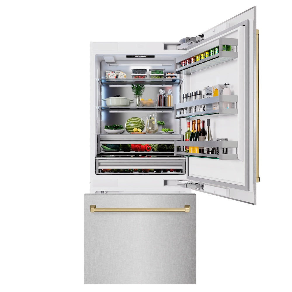 Autograph Edition 36 In. 19.8 Cu. Ft. Built-in Bottom Freezer Refrigerator With Water Dispenser And Ice Maker In Satin Stainless Steel And Champagne Bronze Accents RBITZSN36CB