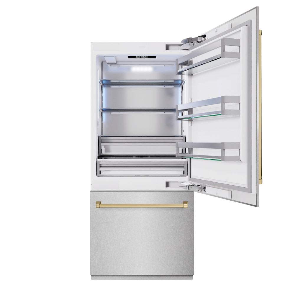 Autograph Edition 36 In. 19.8 Cu. Ft. Built-in Bottom Freezer Refrigerator With Water Dispenser And Ice Maker In Satin Stainless Steel And Champagne Bronze Accents RBITZSN36CB