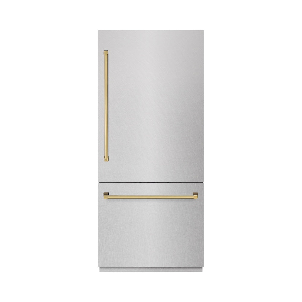 Autograph Edition 36 In. 19.8 Cu. Ft. Built-in Bottom Freezer Refrigerator With Water Dispenser And Ice Maker In Satin Stainless Steel And Polished Gold Accents RBITZSN36G