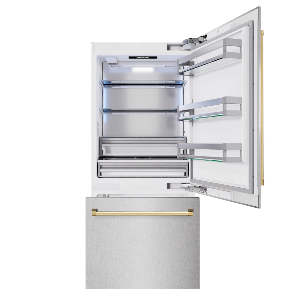 Autograph Edition 36 In. 19.8 Cu. Ft. Built-in Bottom Freezer Refrigerator With Water Dispenser And Ice Maker In Satin Stainless Steel And Polished Gold Accents RBITZSN36G