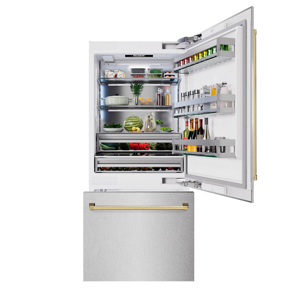 Autograph Edition 36 In. 19.8 Cu. Ft. Built-in Bottom Freezer Refrigerator With Water Dispenser And Ice Maker In Satin Stainless Steel And Polished Gold Accents RBITZSN36G