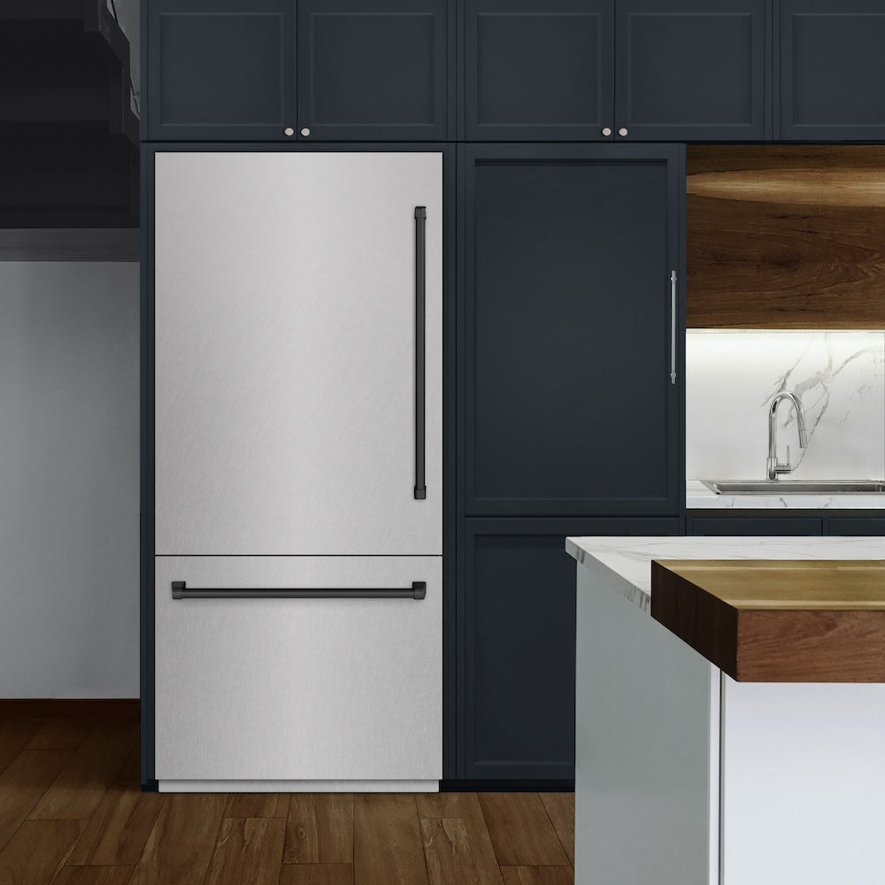 Autograph Edition 36 In. 19.8 Cu. Ft. Built-in Bottom Freezer Refrigerator With Water Dispenser And Ice Maker In Satin Stainless Steel And Matte Black Accents RBITZSN36MB