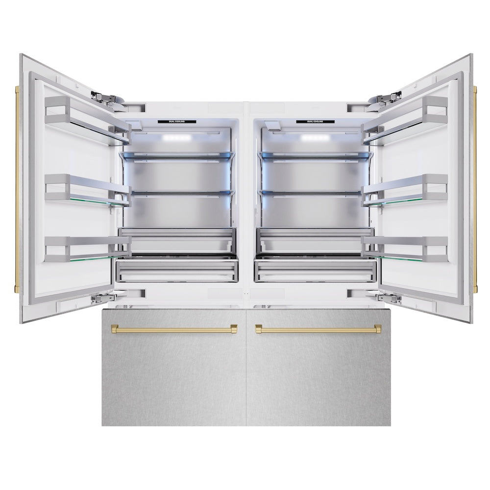 Autograph Edition 72 In. 39.6 Cu. Ft. French Door Built-in Bottom Freezer Refrigerator With Water Dispensers And Ice Makers In Satin Stainless Steel And Champagne Bronze Accents RBITZSN72CB