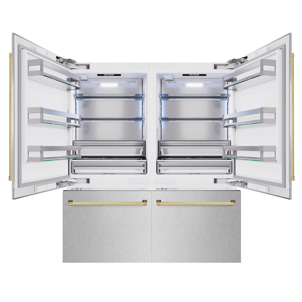 Autograph Edition 72 In. 39.6 Cu. Ft. French Door Built-in Bottom Freezer Refrigerator With Water Dispensers And Ice Makers In Satin Stainless Steel And Polished Gold Accents RBITZSN72G