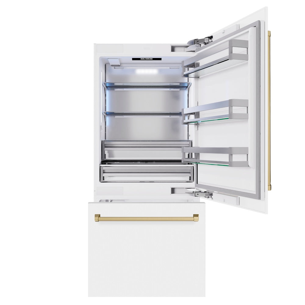 Autograph Edition 36 In. 19.8 Cu. Ft. Built-in Bottom Freezer Refrigerator With Water Dispenser And Ice Maker In White Matte And Champagne Bronze Accents RBITZWM36CB