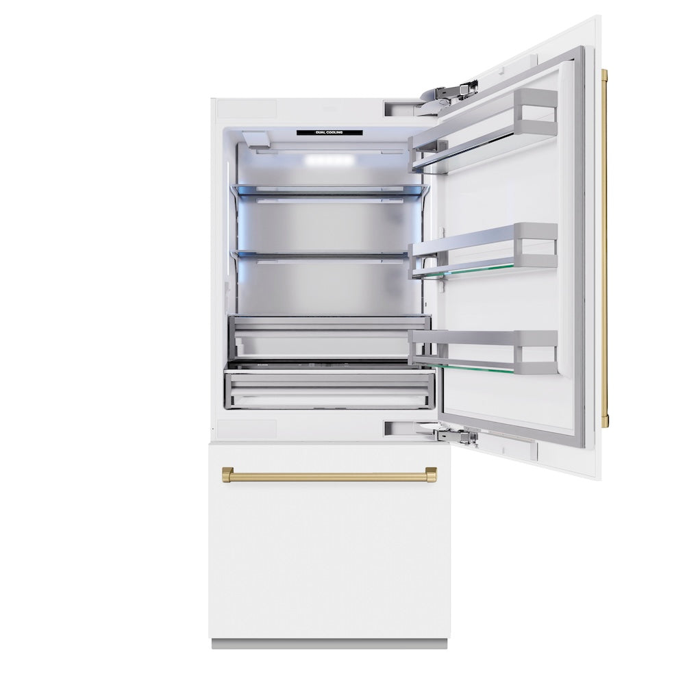 Autograph Edition 36 In. 19.8 Cu. Ft. Built-in Bottom Freezer Refrigerator With Water Dispenser And Ice Maker In White Matte And Champagne Bronze Accents RBITZWM36CB