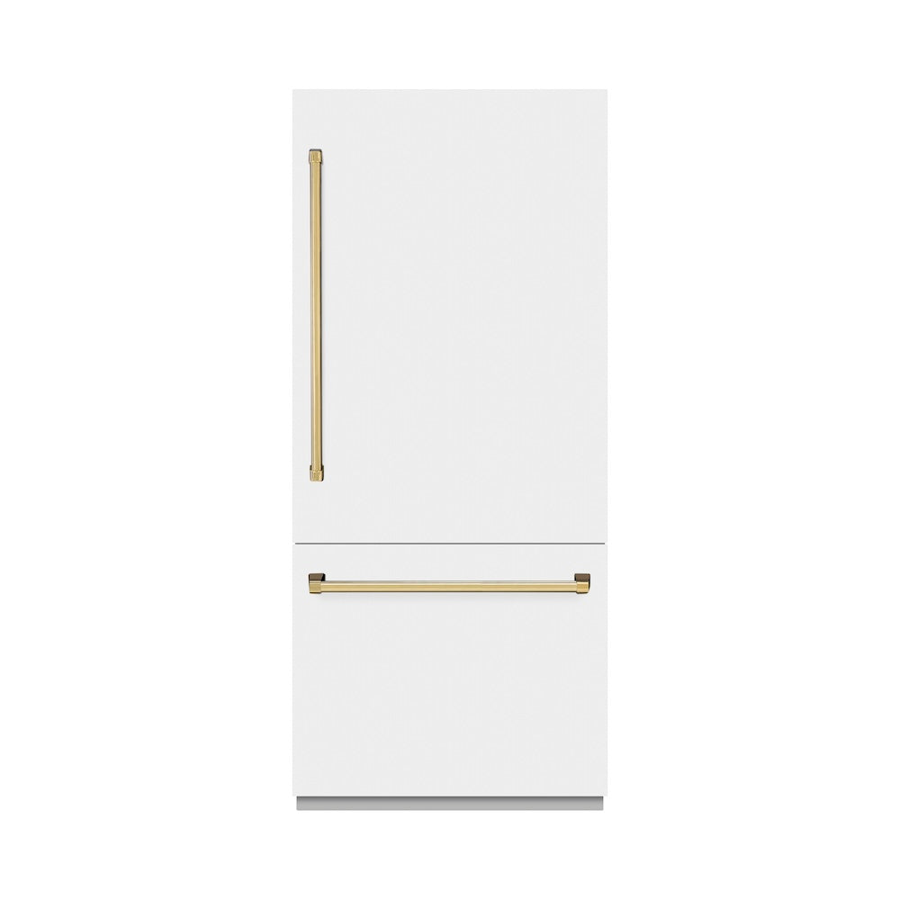 Autograph Edition 36 In. 19.8 Cu. Ft. Built-in Bottom Freezer Refrigerator With Water Dispenser And Ice Maker In White Matte And Polished Gold Accents RBITZWM36G