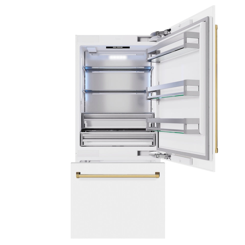 Autograph Edition 36 In. 19.8 Cu. Ft. Built-in Bottom Freezer Refrigerator With Water Dispenser And Ice Maker In White Matte And Polished Gold Accents RBITZWM36G