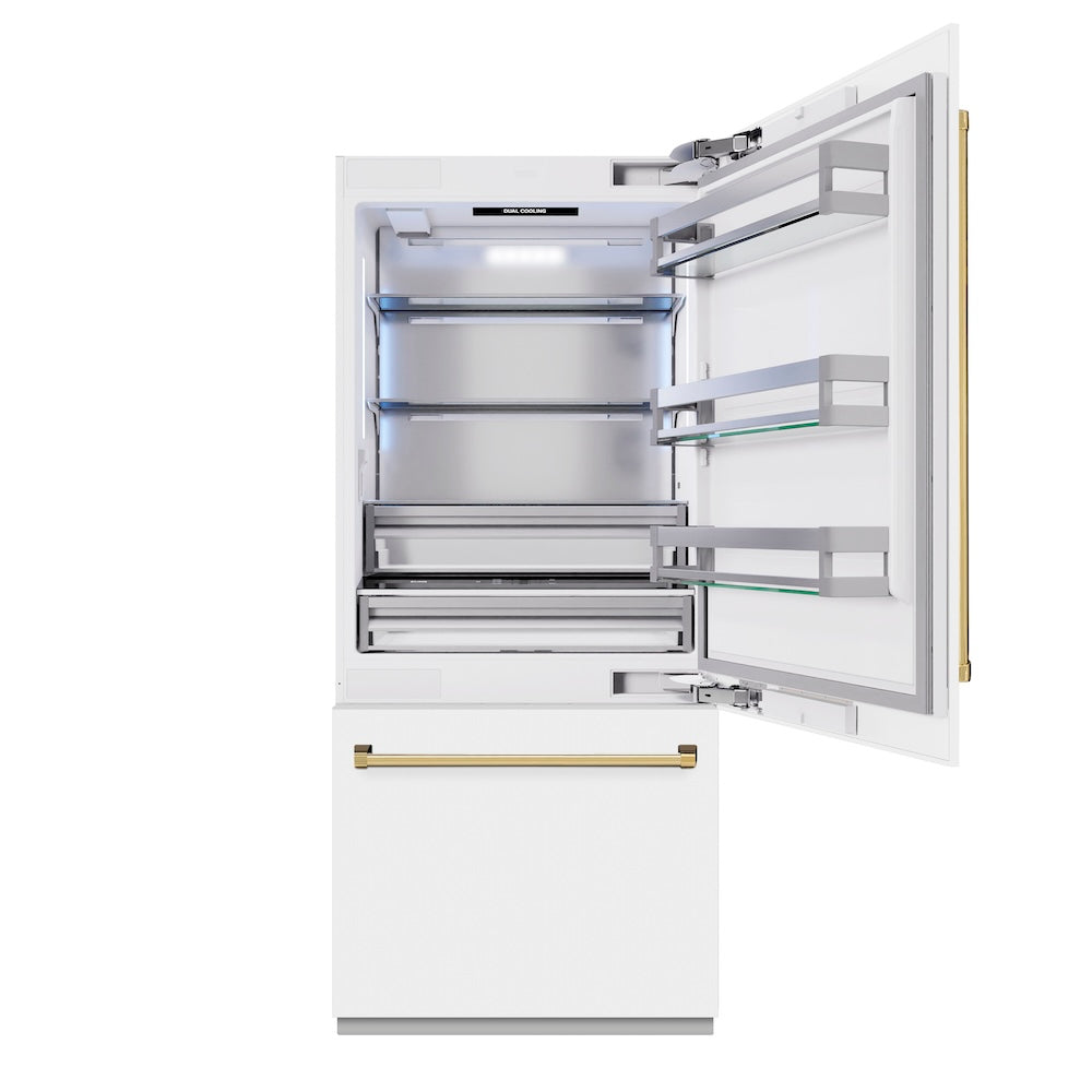 Autograph Edition 36 In. 19.8 Cu. Ft. Built-in Bottom Freezer Refrigerator With Water Dispenser And Ice Maker In White Matte And Polished Gold Accents RBITZWM36G