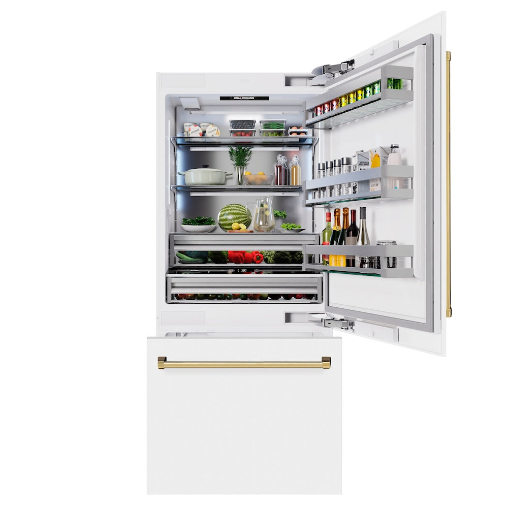 Autograph Edition 36 In. 19.8 Cu. Ft. Built-in Bottom Freezer Refrigerator With Water Dispenser And Ice Maker In White Matte And Polished Gold Accents RBITZWM36G