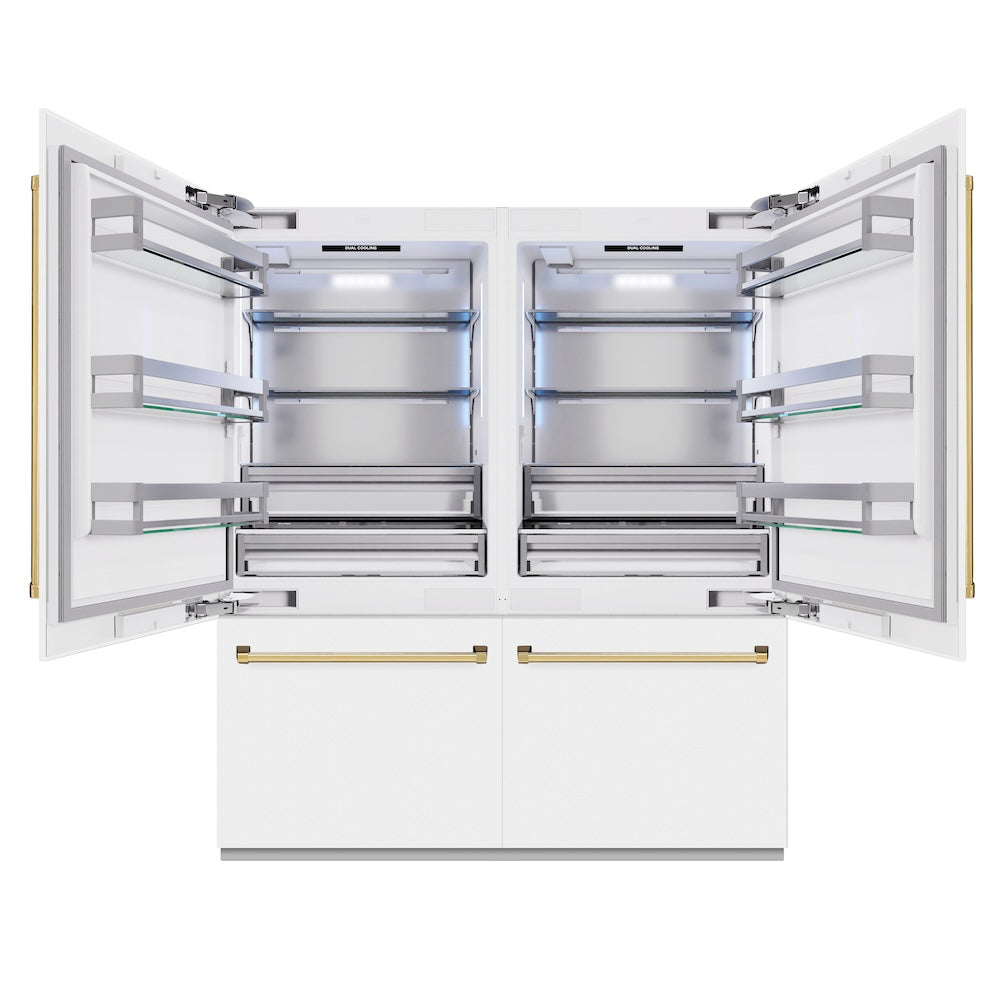 Autograph Edition 72 In. 39.6 Cu. Ft. French Door Built-in Bottom Freezer Refrigerator With Water Dispensers And Ice Makers In White Matte And Polished Gold Accents RBITZWM72G