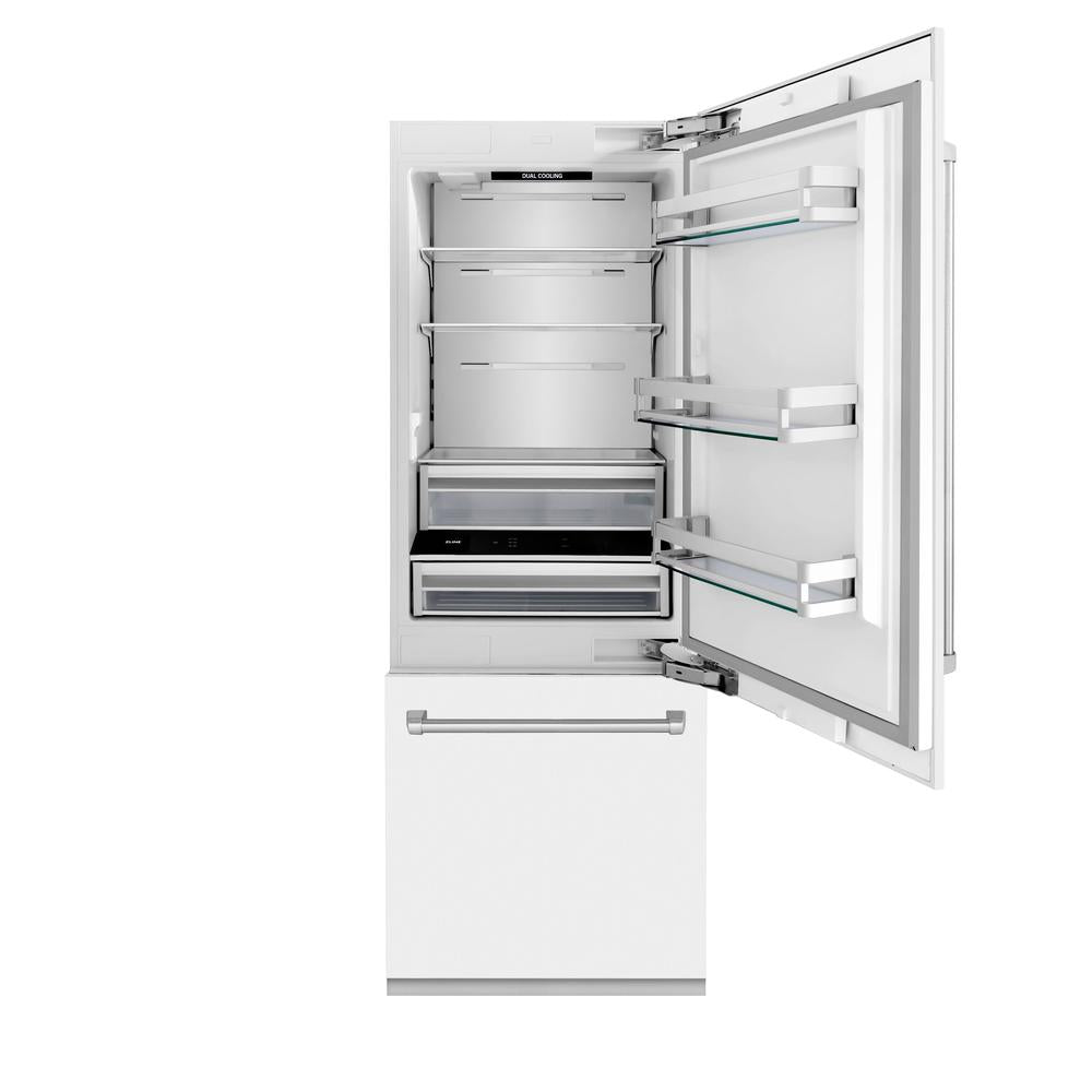 30 In. 16.1 Cu. Ft. Built-in Bottom Freezer Refrigerator With Water Dispenser And Ice Maker In White Matte RBIVWM30