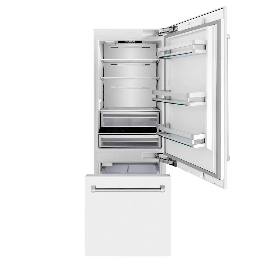 30 In. 16.1 Cu. Ft. Built-in Bottom Freezer Refrigerator With Water Dispenser And Ice Maker In White Matte RBIVWM30