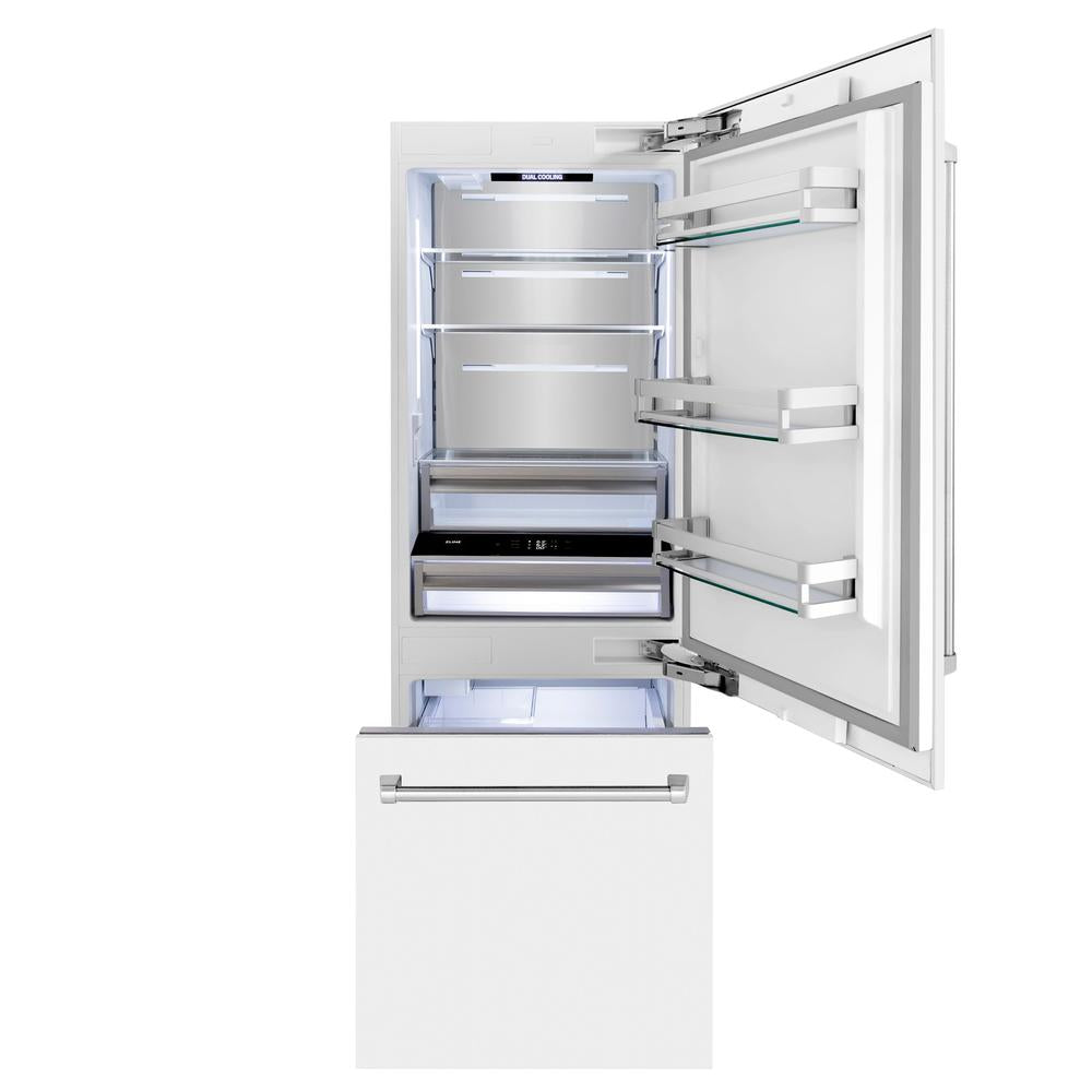 30 In. 16.1 Cu. Ft. Built-in Bottom Freezer Refrigerator With Water Dispenser And Ice Maker In White Matte RBIVWM30