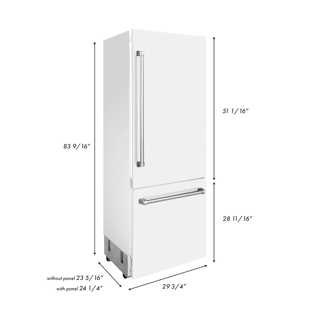 30 In. 16.1 Cu. Ft. Built-in Bottom Freezer Refrigerator With Water Dispenser And Ice Maker In White Matte RBIVWM30