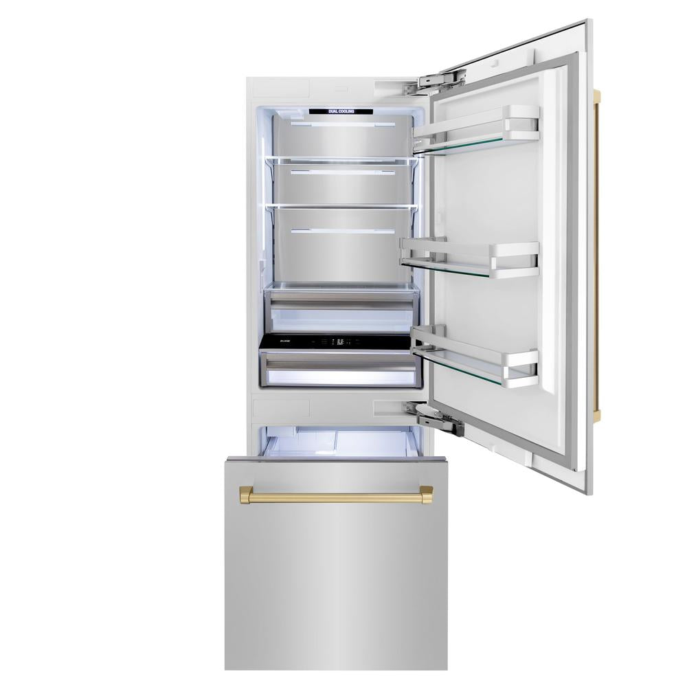 Autograph Edition 30 In. 16.1 Cu. Ft. Built-in Bottom Freezer Refrigerator With Water Dispenser And Ice Maker In Stainless Steel With Champagne Bronze Accents RBIVZ30430CB