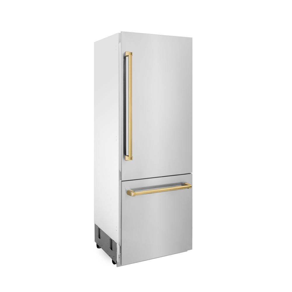 Autograph Edition 30 In. 16.1 Cu. Ft. Built-in Bottom Freezer Refrigerator With Water Dispenser And Ice Maker In Stainless Steel With Polished Gold Accents RBIVZ30430G