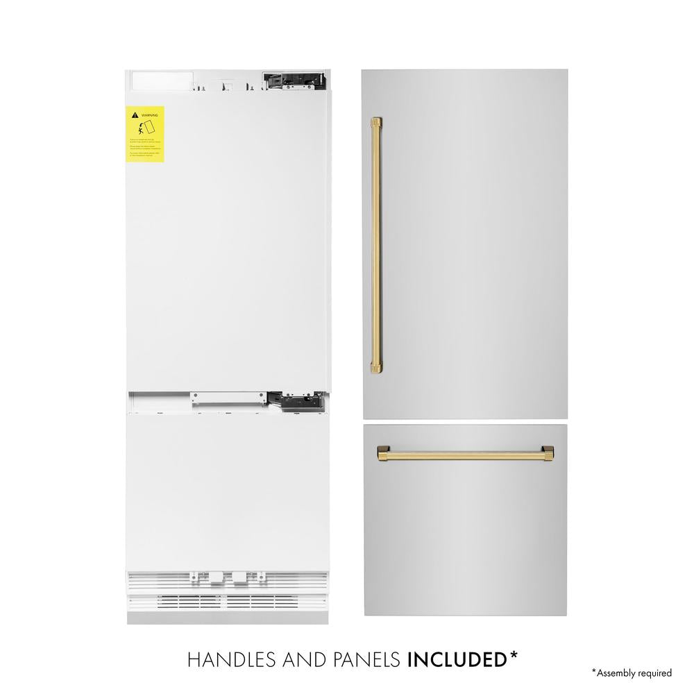 Autograph Edition 30 In. 16.1 Cu. Ft. Built-in Bottom Freezer Refrigerator With Water Dispenser And Ice Maker In Stainless Steel With Polished Gold Accents RBIVZ30430G