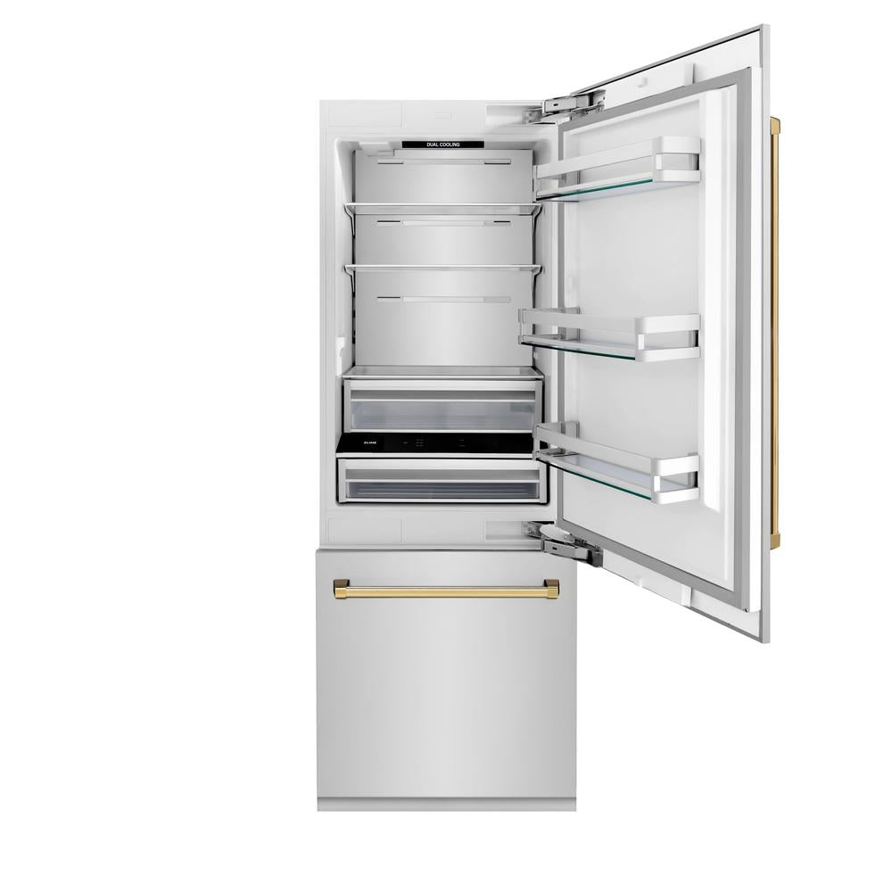 Autograph Edition 30 In. 16.1 Cu. Ft. Built-in Bottom Freezer Refrigerator With Water Dispenser And Ice Maker In Stainless Steel With Polished Gold Accents RBIVZ30430G