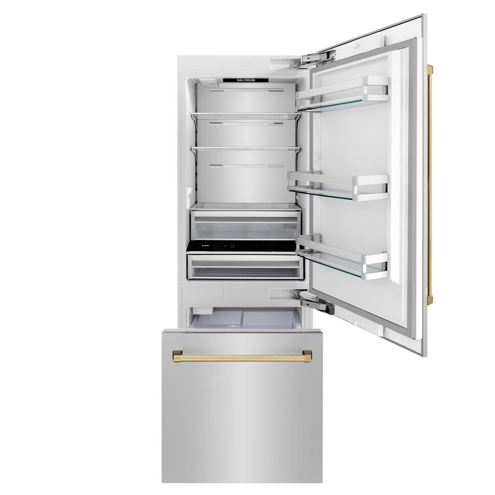 Autograph Edition 30 In. 16.1 Cu. Ft. Built-in Bottom Freezer Refrigerator With Water Dispenser And Ice Maker In Stainless Steel With Polished Gold Accents RBIVZ30430G