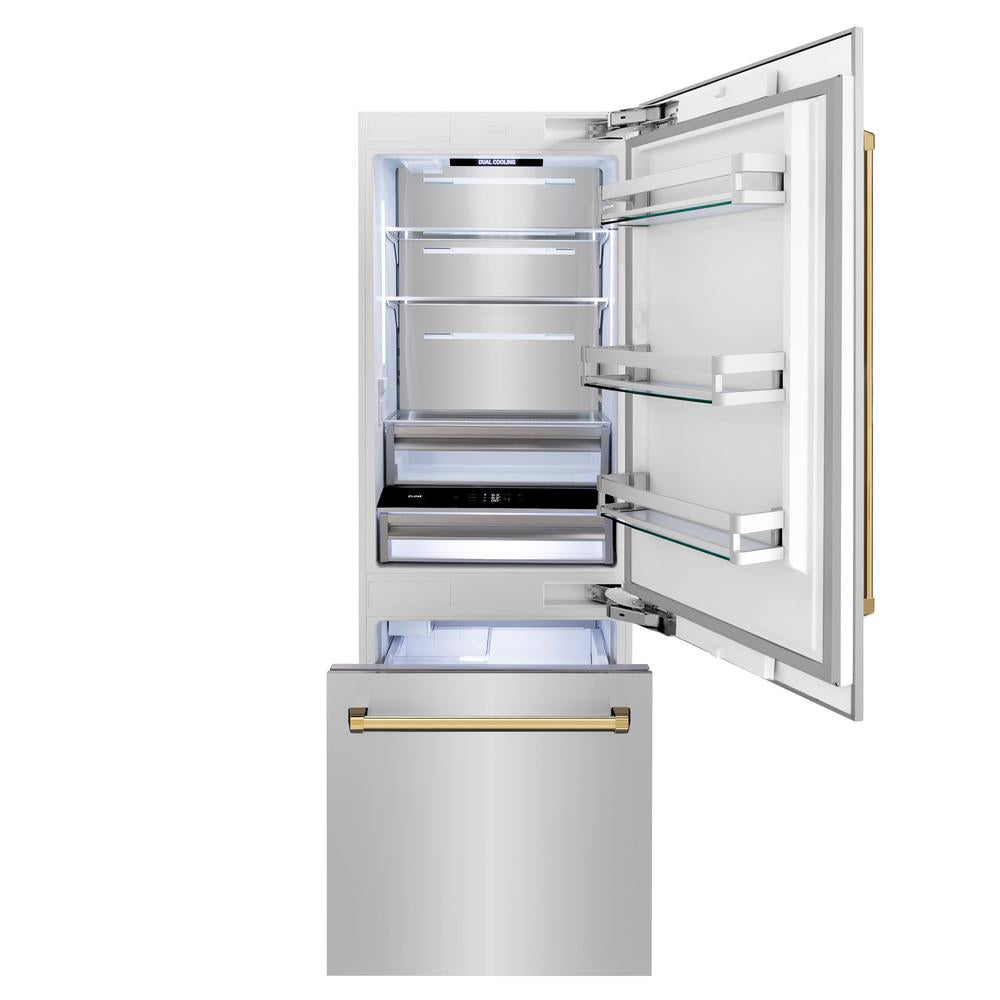 Autograph Edition 30 In. 16.1 Cu. Ft. Built-in Bottom Freezer Refrigerator With Water Dispenser And Ice Maker In Stainless Steel With Polished Gold Accents RBIVZ30430G
