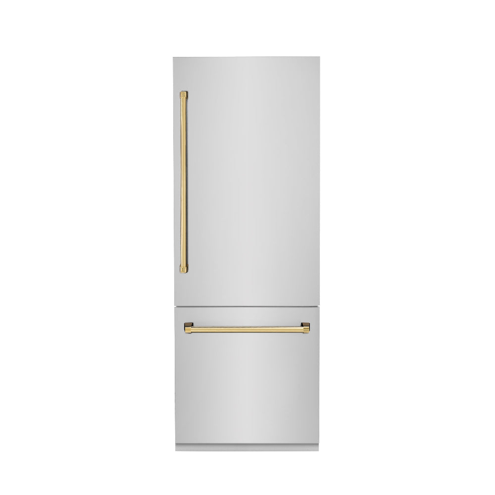 Autograph Edition 30 In. 16.1 Cu. Ft. Built-in Bottom Freezer Refrigerator With Water Dispenser And Ice Maker In Stainless Steel With Polished Gold Accents RBIVZ30430G