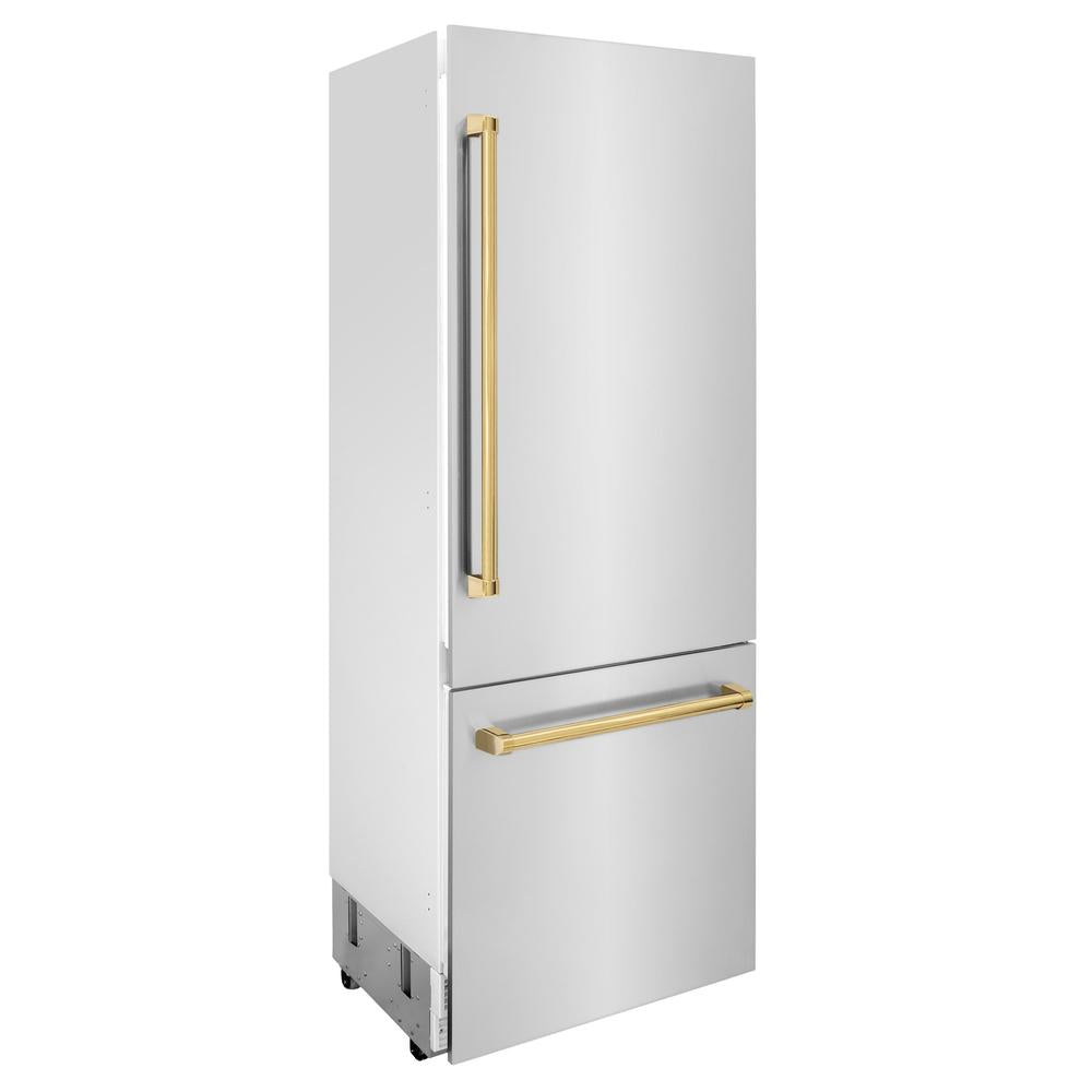 Autograph Edition 30 In. 16.1 Cu. Ft. Built-in Bottom Freezer Refrigerator With Water Dispenser And Ice Maker In Stainless Steel With Polished Gold Accents RBIVZ30430G
