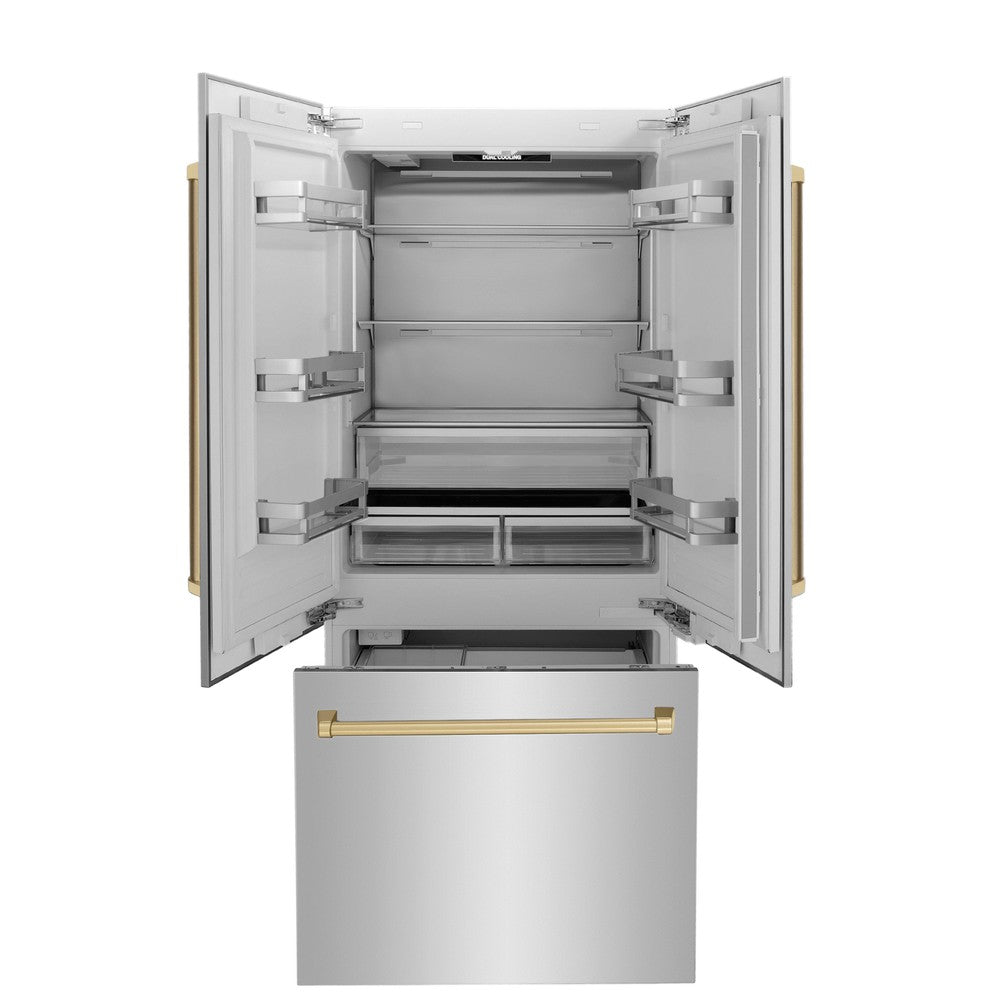 Autograph Edition 36 In. 19.6 Cu. Ft. French Door Built-in Bottom Freezer Refrigerator With Water Dispenser And Ice Maker In Stainless Steel With Champagne Bronze Accents RBIVZ30436CB