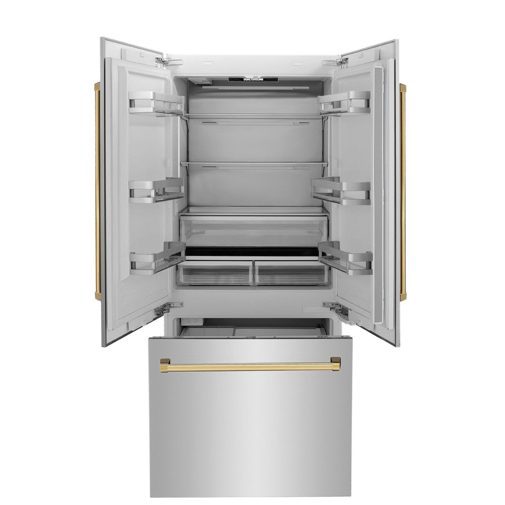 Autograph Edition 36 In. 19.6 Cu. Ft. French Door Built-in Bottom Freezer Refrigerator With Water Dispenser And Ice Maker In Stainless Steel With Polished Gold Accents RBIVZ30436G