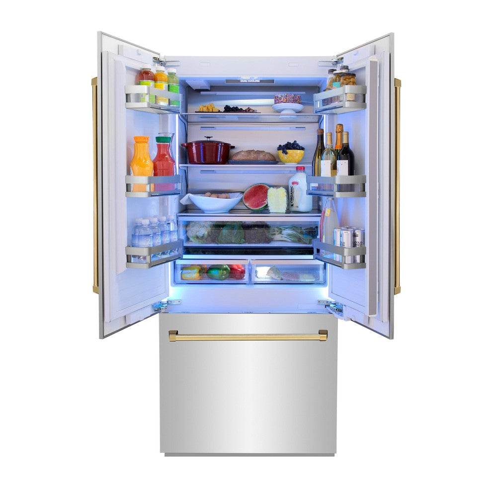 Autograph Edition 36 In. 19.6 Cu. Ft. French Door Built-in Bottom Freezer Refrigerator With Water Dispenser And Ice Maker In Stainless Steel With Polished Gold Accents RBIVZ30436G