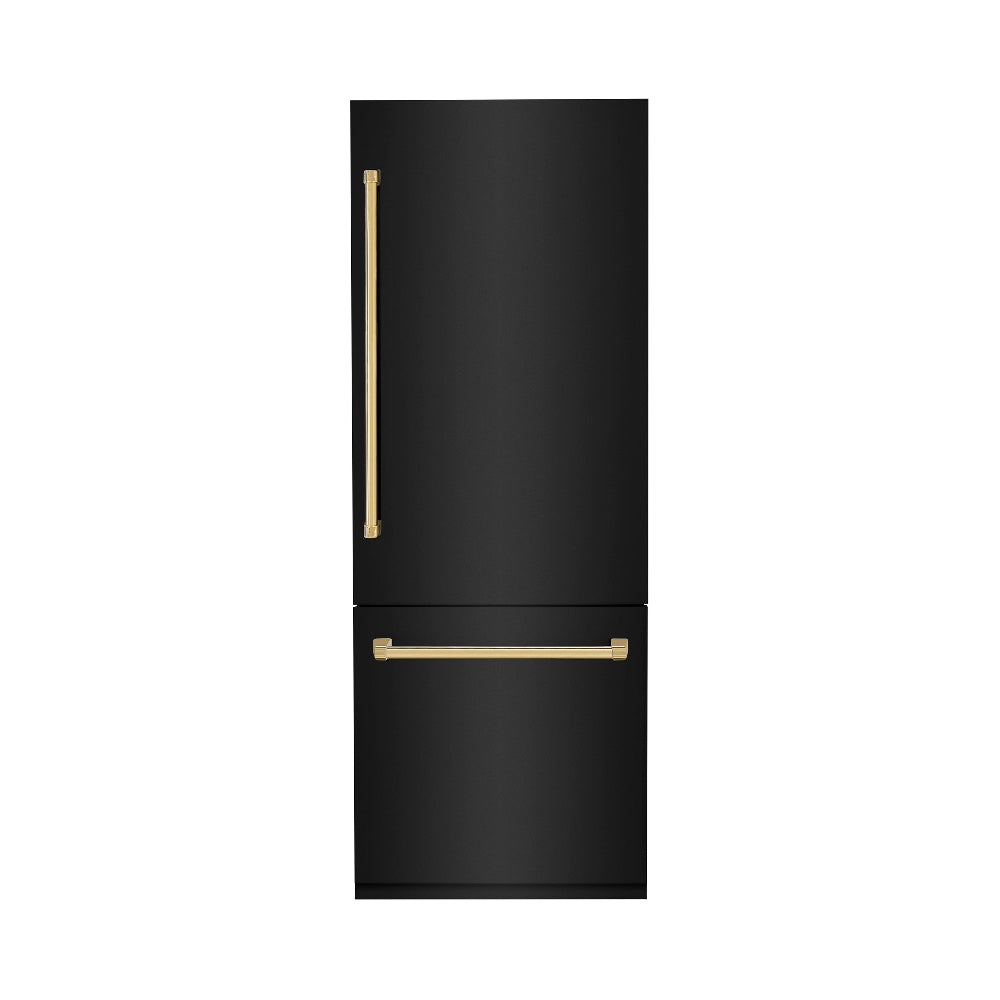 30”Autograph Edition 16.1 cu. ft. Built-in 2-Door Bottom Freezer Refrigerator with Internal Water and Ice Dispenser in Black Stainless Steel with Polished Gold Accents RBIVZBS30G
