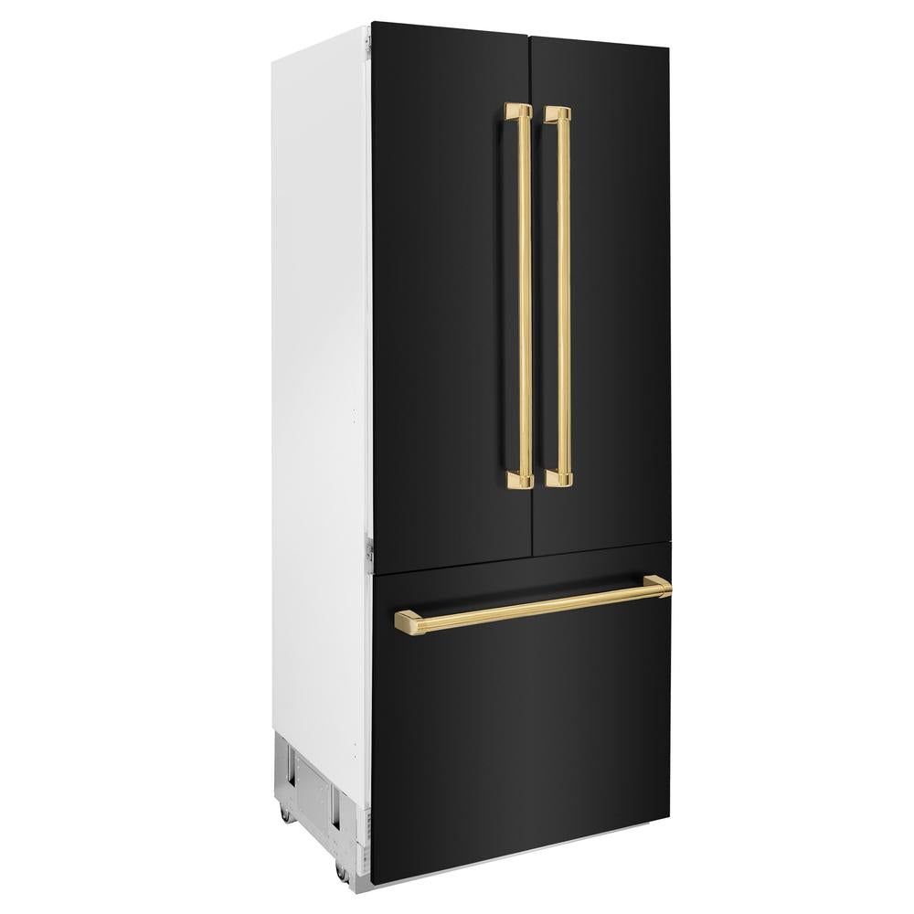Autograph Edition 36 In. 19.6 Cu. Ft. French Door Built-in Bottom Freezer Refrigerator With Water Dispenser And Ice Maker In Black Stainless Steel With Polished Gold Accents RBIVZBS36G