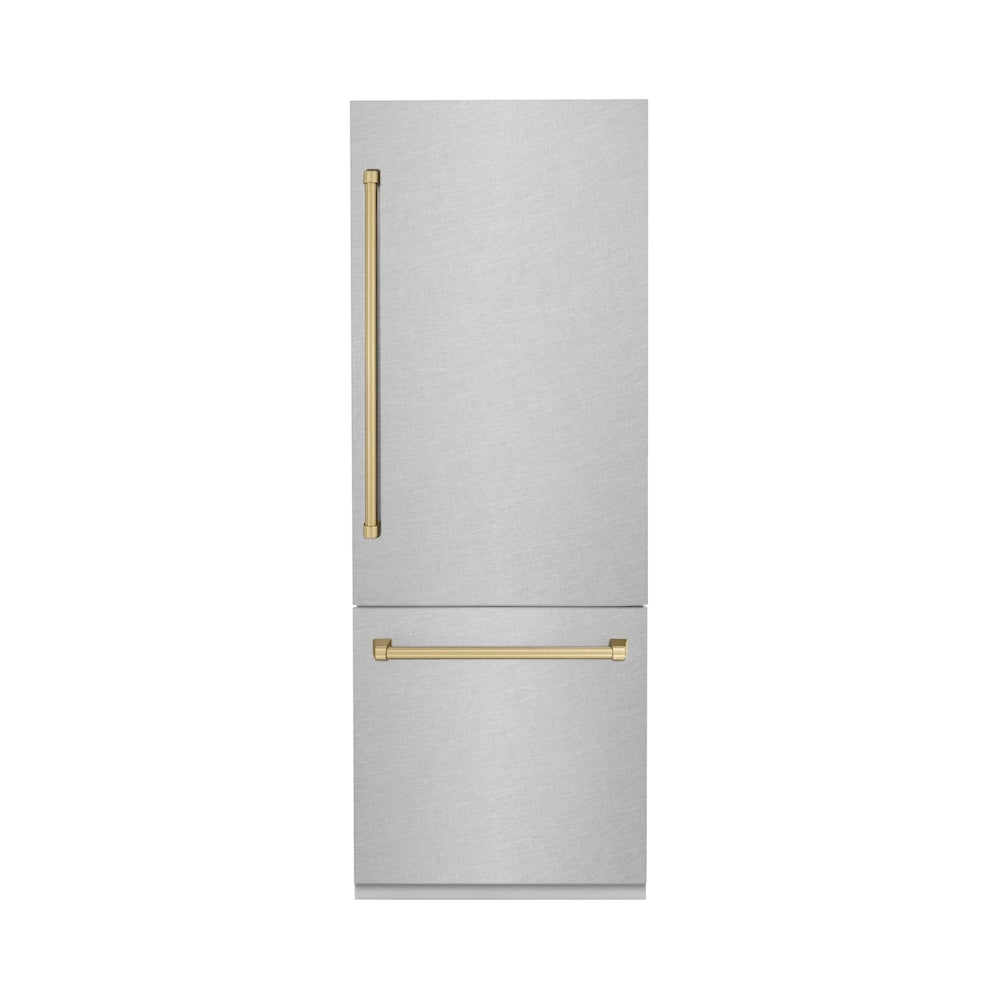 Autograph Edition 30 In. 16.1 Cu. Ft. Built-in Bottom Freezer Refrigerator With Water Dispenser And Ice Maker In Satin Stainless Steel With Champagne Bronze Accents RBIVZSN30CB