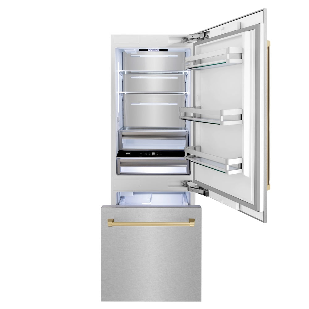 Autograph Edition 30 In. 16.1 Cu. Ft. Built-in Bottom Freezer Refrigerator With Water Dispenser And Ice Maker In Satin Stainless Steel With Champagne Bronze Accents RBIVZSN30CB