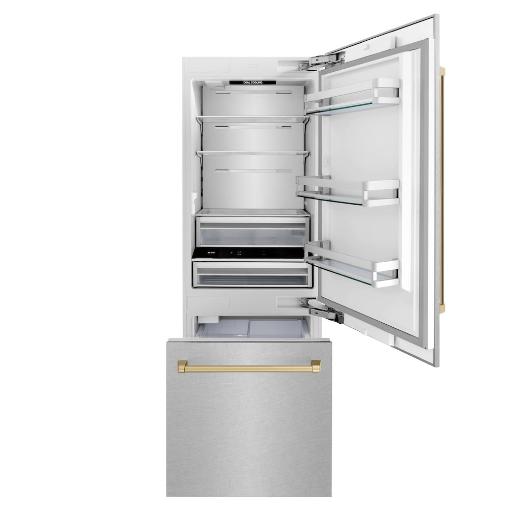 Autograph Edition 30 In. 16.1 Cu. Ft. Built-in Bottom Freezer Refrigerator With Water Dispenser And Ice Maker In Satin Stainless Steel With Champagne Bronze Accents RBIVZSN30CB