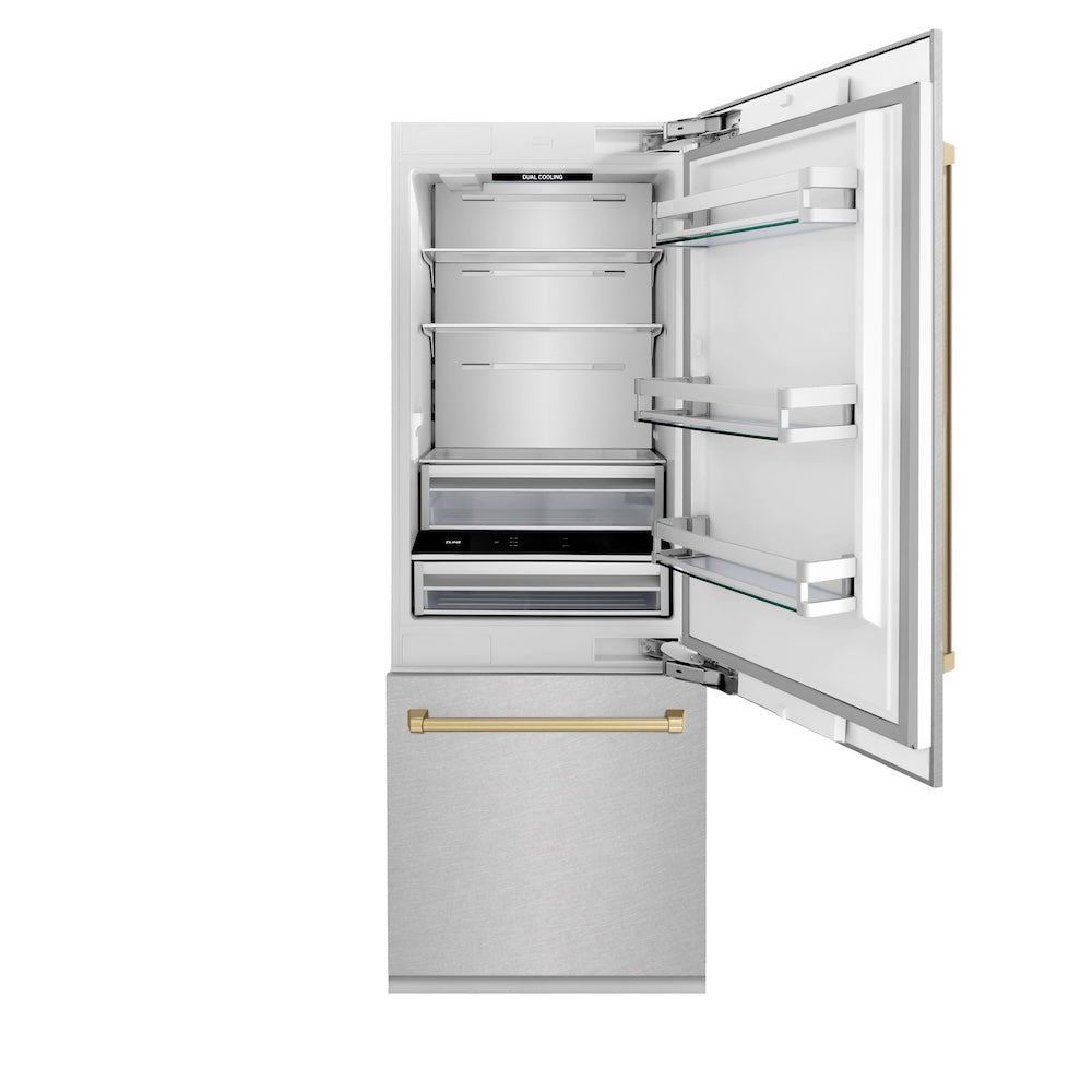 Autograph Edition 30 In. 16.1 Cu. Ft. Built-in Bottom Freezer Refrigerator With Water Dispenser And Ice Maker In Satin Stainless Steel With Champagne Bronze Accents RBIVZSN30CB
