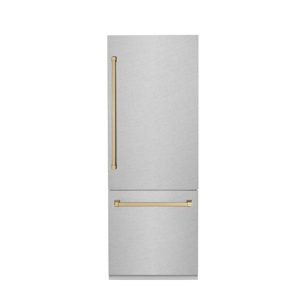 Autograph Edition 30 In. 16.1 Cu. Ft. Built-in Bottom Freezer Refrigerator With Water Dispenser And Ice Maker In Satin Stainless Steel With Champagne Bronze Accents RBIVZSN30CB