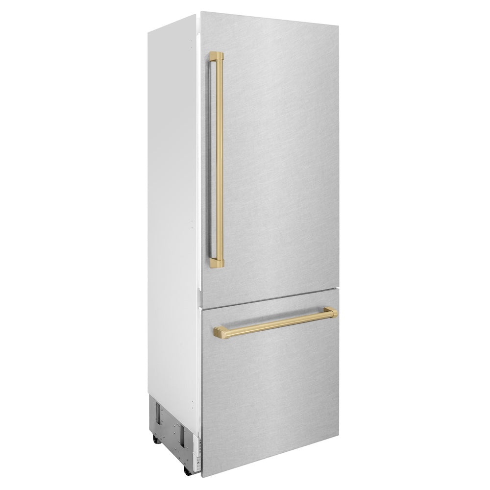 Autograph Edition 30 In. 16.1 Cu. Ft. Built-in Bottom Freezer Refrigerator With Water Dispenser And Ice Maker In Satin Stainless Steel With Champagne Bronze Accents RBIVZSN30CB