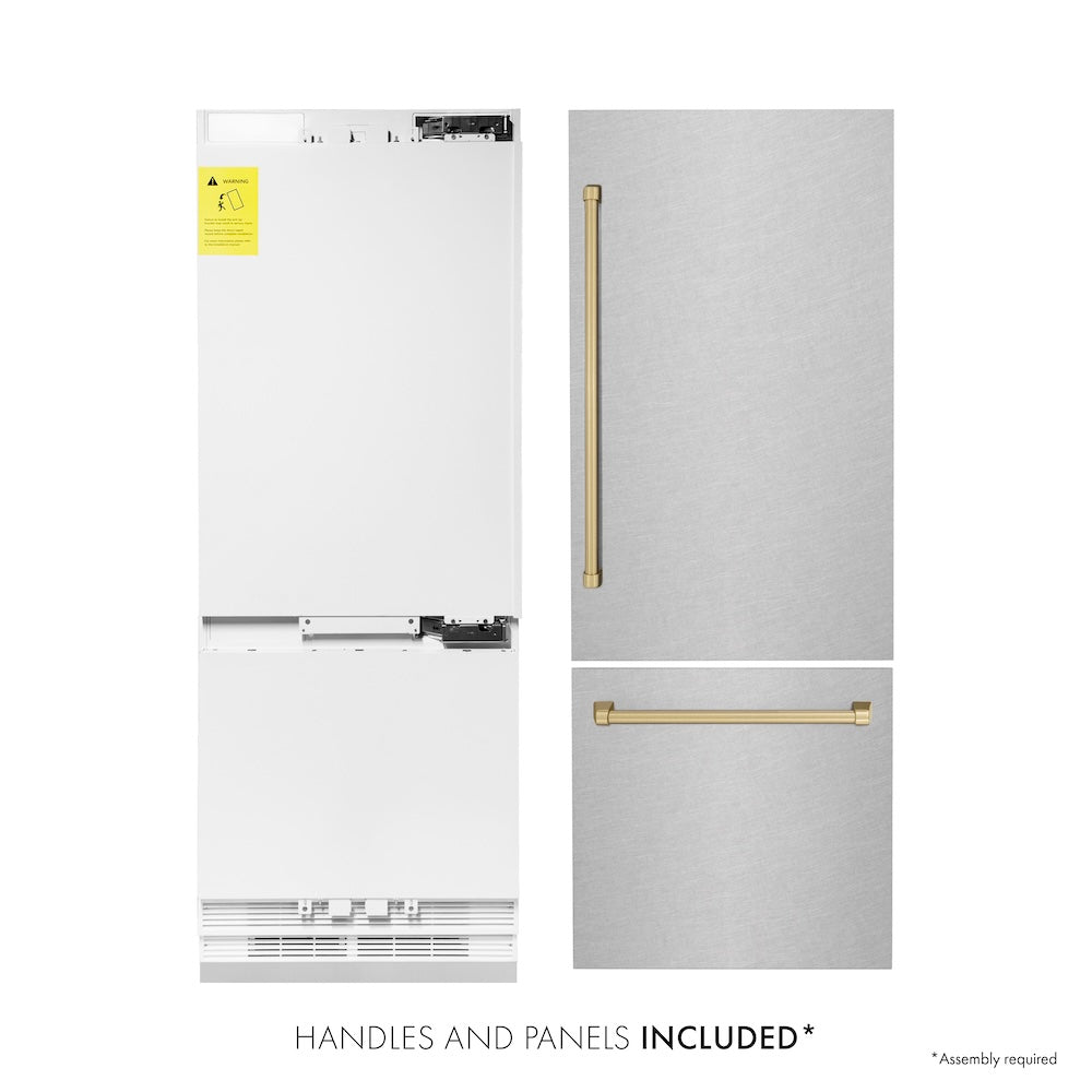 Autograph Edition 30 In. 16.1 Cu. Ft. Built-in Bottom Freezer Refrigerator With Water Dispenser And Ice Maker In Satin Stainless Steel With Champagne Bronze Accents RBIVZSN30CB