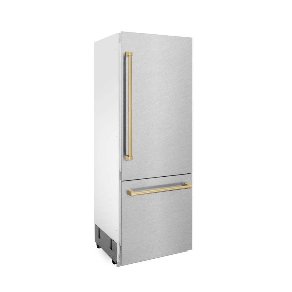 Autograph Edition 30 In. 16.1 Cu. Ft. Built-in Bottom Freezer Refrigerator With Water Dispenser And Ice Maker In Satin Stainless Steel With Champagne Bronze Accents RBIVZSN30CB