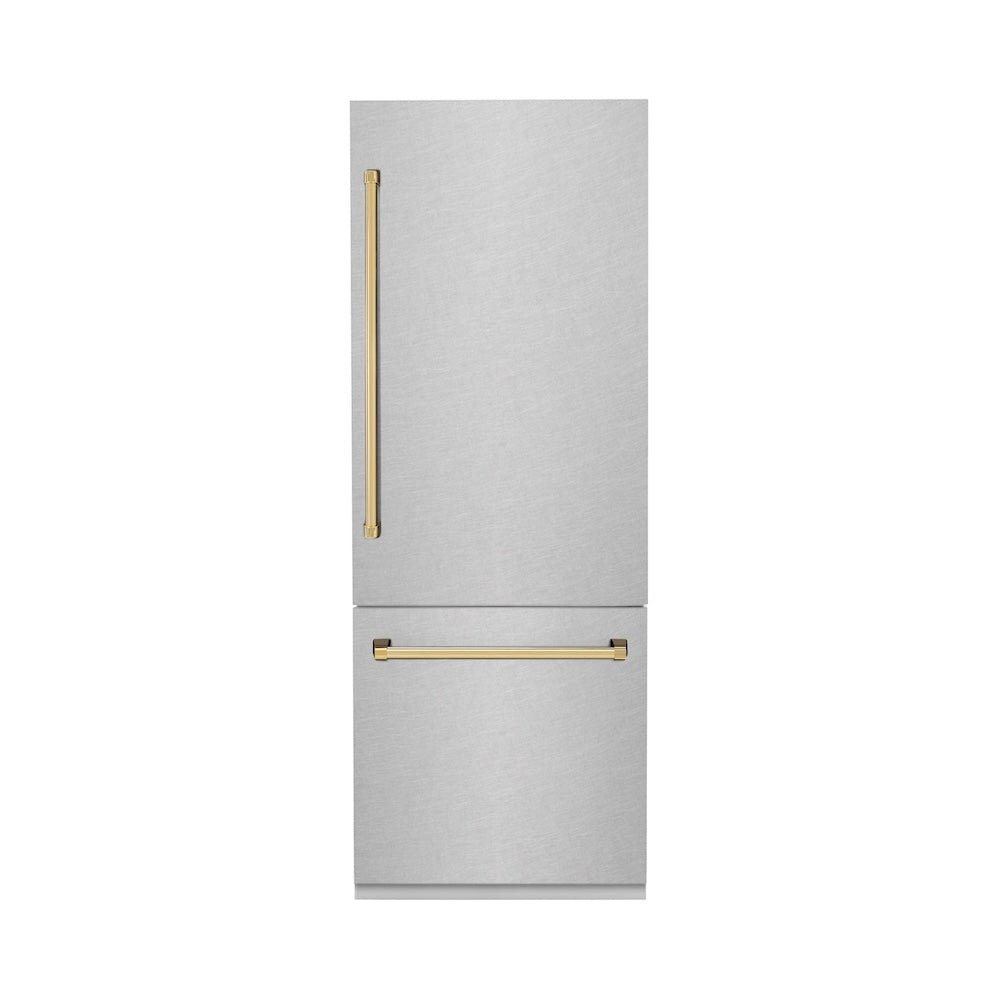 Autograph Edition 30 In. 16.1 Cu. Ft. Built-in Bottom Freezer Refrigerator With Water Dispenser And Ice Maker In Satin Stainless Steel With Polished Gold Accents RBIVZSN30G