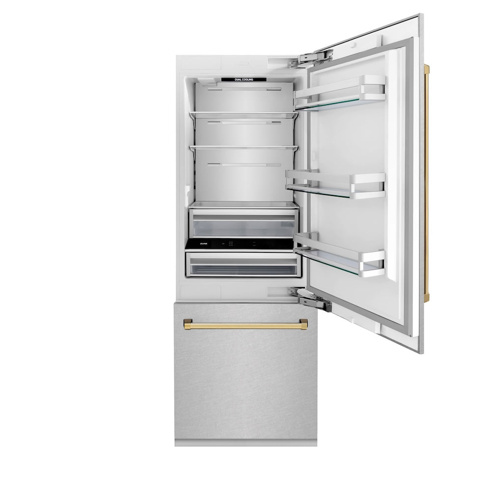 Autograph Edition 30 In. 16.1 Cu. Ft. Built-in Bottom Freezer Refrigerator With Water Dispenser And Ice Maker In Satin Stainless Steel With Polished Gold Accents RBIVZSN30G