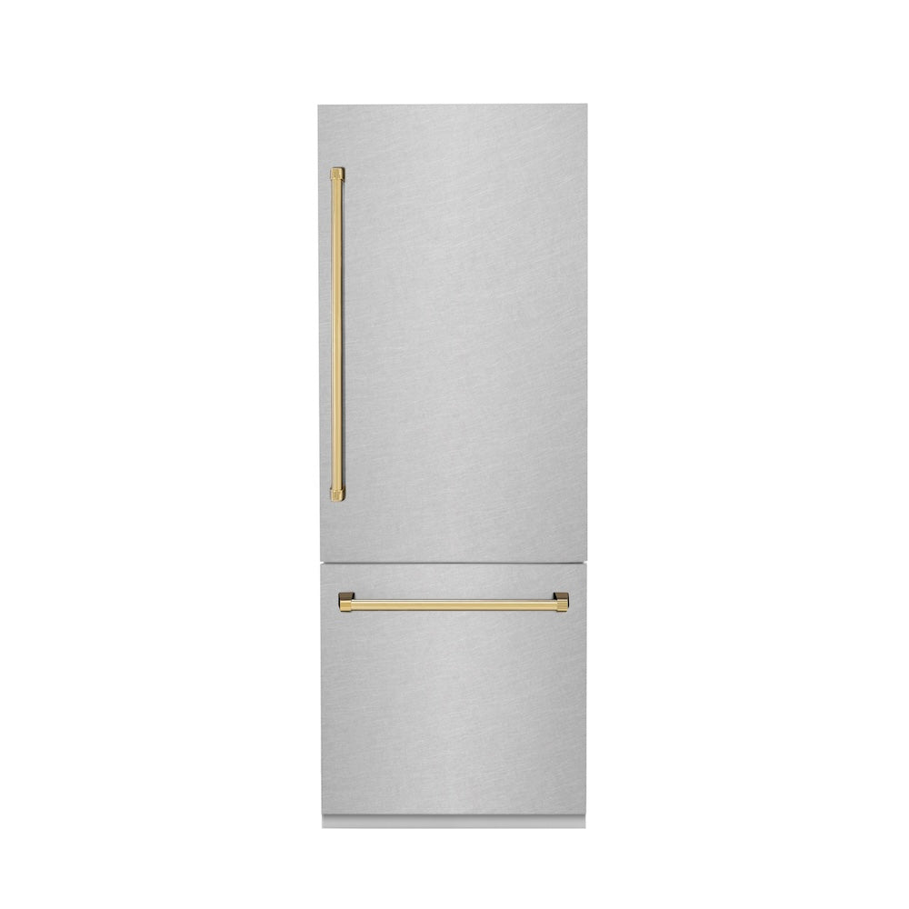 Autograph Edition 30 In. 16.1 Cu. Ft. Built-in Bottom Freezer Refrigerator With Water Dispenser And Ice Maker In Satin Stainless Steel With Polished Gold Accents RBIVZSN30G