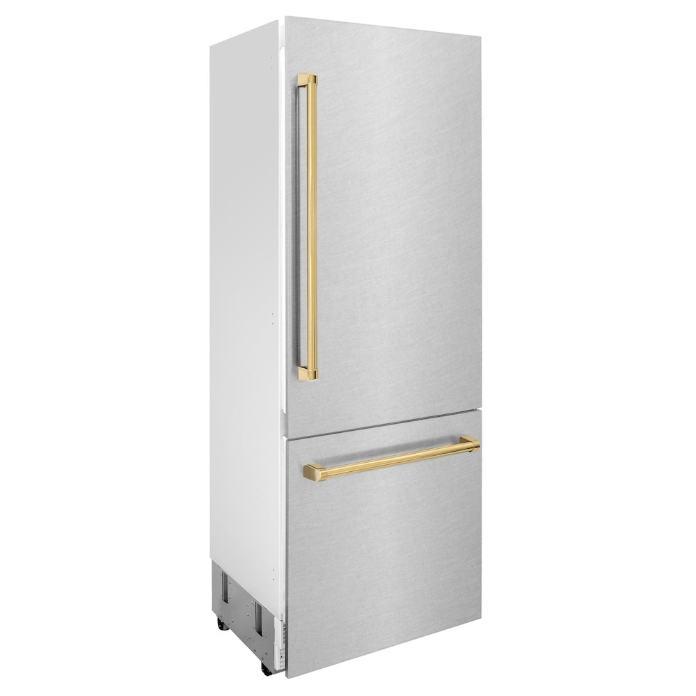 Autograph Edition 30 In. 16.1 Cu. Ft. Built-in Bottom Freezer Refrigerator With Water Dispenser And Ice Maker In Satin Stainless Steel With Polished Gold Accents RBIVZSN30G
