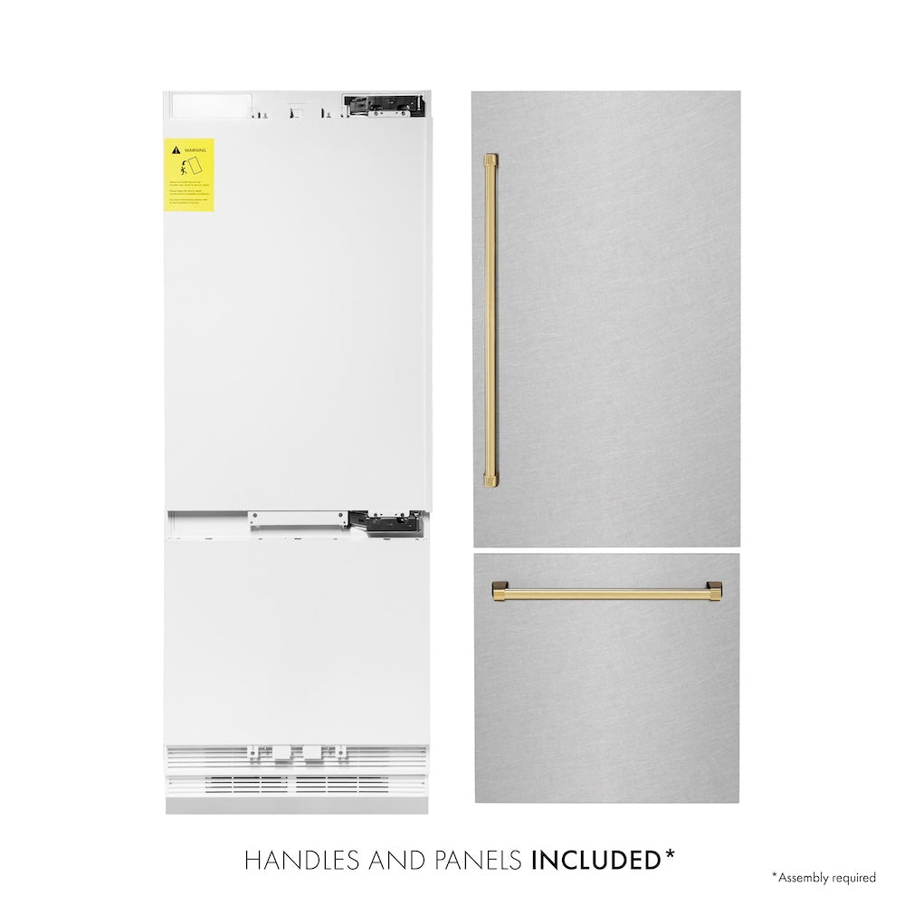 Autograph Edition 30 In. 16.1 Cu. Ft. Built-in Bottom Freezer Refrigerator With Water Dispenser And Ice Maker In Satin Stainless Steel With Polished Gold Accents RBIVZSN30G